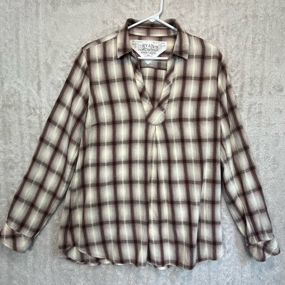 Ryan Michael Brown Cream Plaid Tunic Size Large Western Cowgirl Collared Navajo